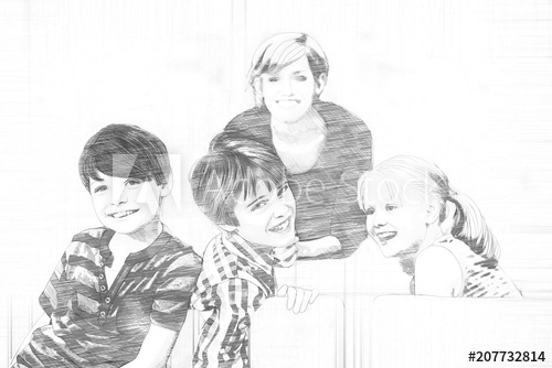 500x334 Pencil Sketch Of Three Happy School Children - School Children Sketch