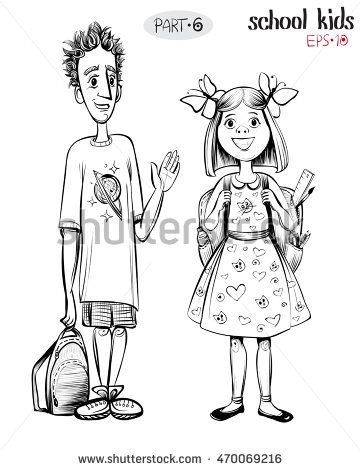 360x470 Vector Illustration Of School Children, Boy And Girl. Hand Drawn - School Children Sketch
