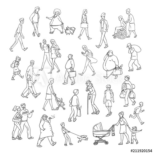500x500 Vector Sketch People Walk Down Street. Children And Adults - School Children Sketch