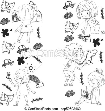 445x470 Children Painting. School And Kindergarten Kids Creative Class - School Children Sketch