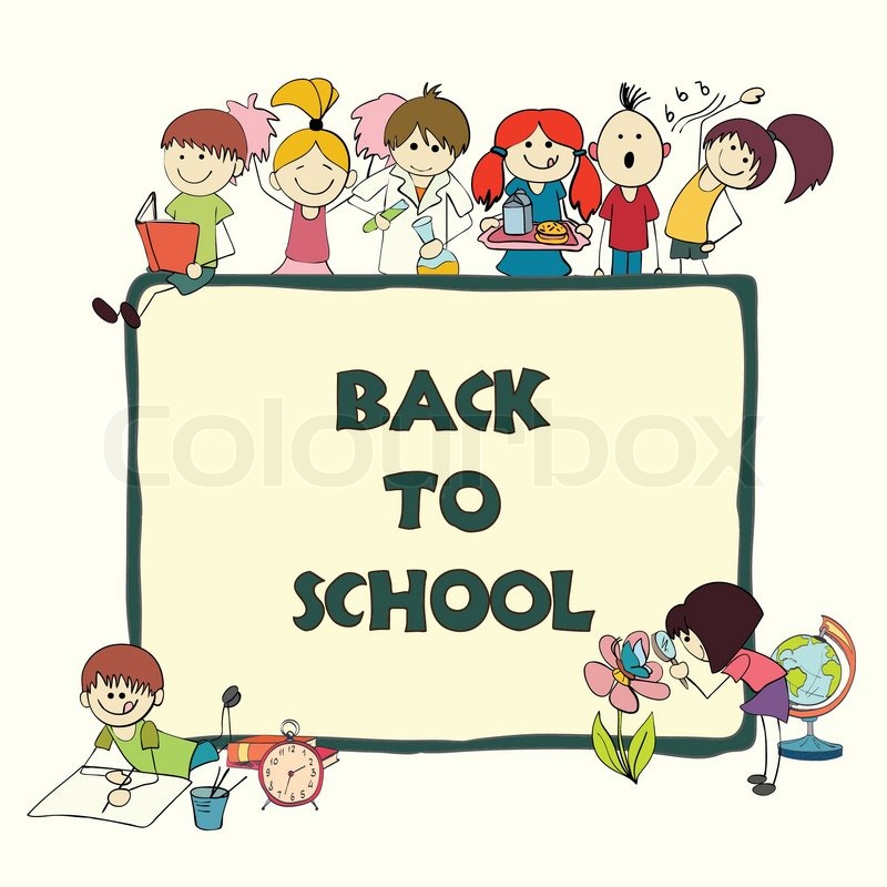 800x800 Decorative Back To School Emblem Print Banner With Children - School Children Sketch