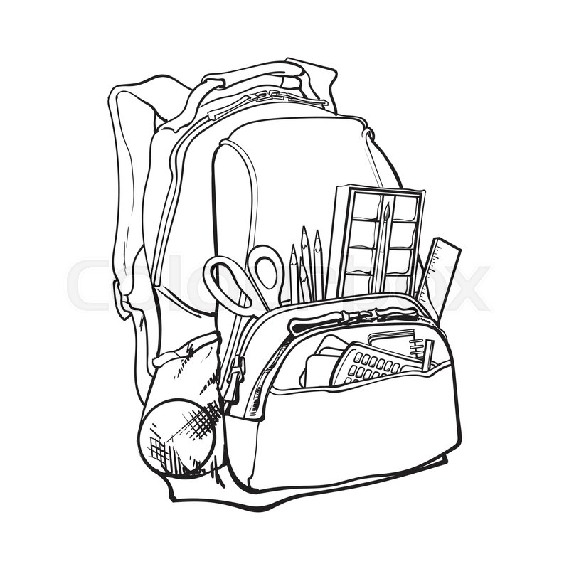 800x800 Backpack Packed With School Items, Supplies, Black And White - School Supplies Sketch