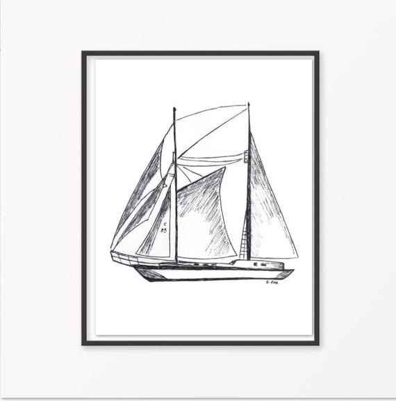 570x577 Sailboat Drawing Sketch Artwork Pen And Ink Nautical Sketch Etsy - Schooner Sketch