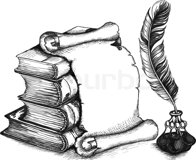 800x654 Paper Scroll, Feather And Books In A Sketch Style. Hand Drawn - Scroll Sketch