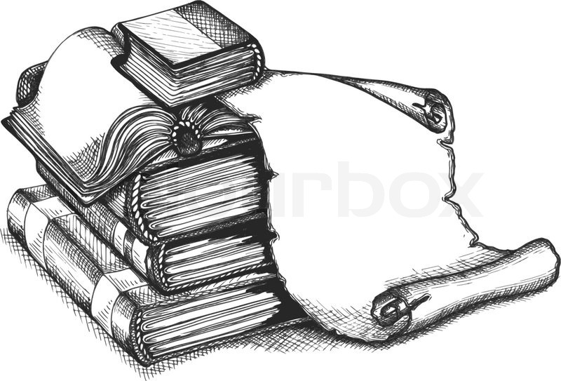 800x543 Paper Scroll And Books In A Sketch Style. Hand Drawn Vector - Scroll Sketch