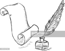 256x200 Vector Sketch Illustration Scroll, Pen And Inkwell Stock Vectors - Scroll Sketch