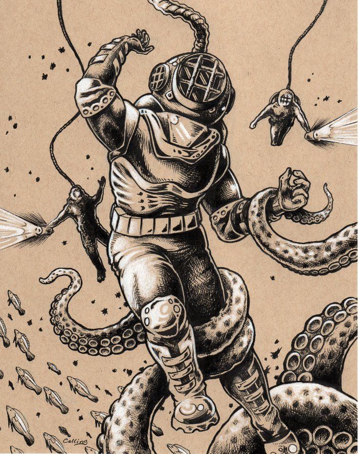 700x887 Gallery For Gt Vintage Scuba Diver Drawing Vintage Diving Gear - Scuba Diver Sketch