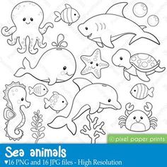 236x236 Cartoon Sea Animal In Line Art Style, Black And White Stock Art - Sea Animal Sketches