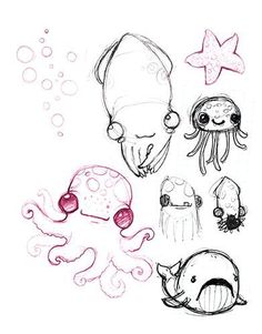 236x301 Cute Cartoon Sea Water Animals. Whale, Fish, Dolphin, Jellyfish - Sea Animal Sketches