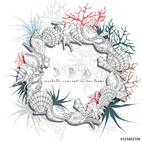 500x500 Sea Life, Shell Round Frame Concept Sketch Vector With Algae - Sea Life Sketches