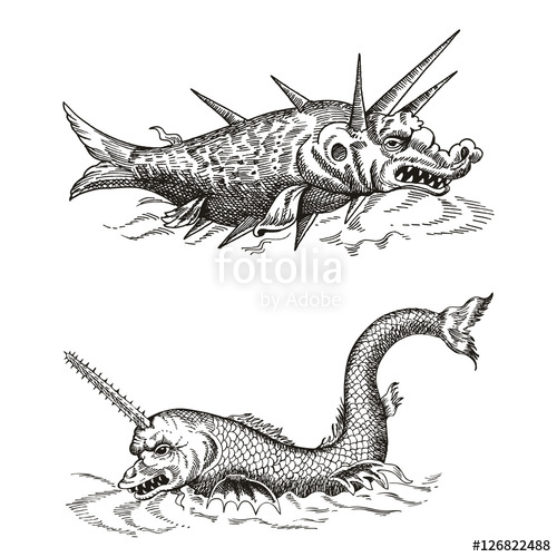 500x500 Mythological Vintage Sea Monster. Fragment Of Old Pirate Map - Sea Monster Sketch