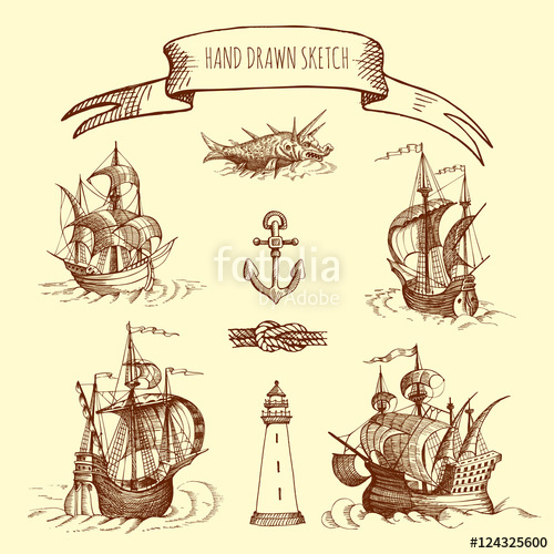 500x500 Old Caravel, Vintage Sailboat, Lighthouse, Anchor, Sea Monster - Sea Monster Sketch
