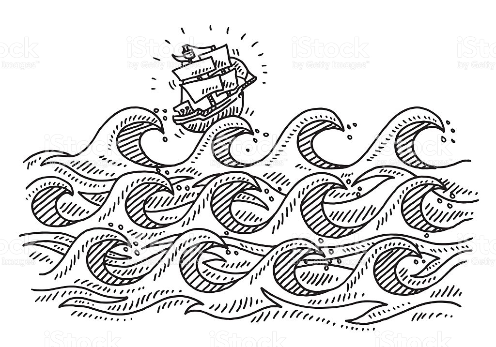 1024x717 Drawn Sea Black And White - Sea Waves Sketch