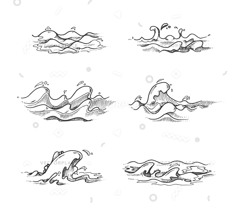 1000x889 Sea Ocean Waves Water Splashes Hand Vector Illustration 18533 - Sea Waves Sketch