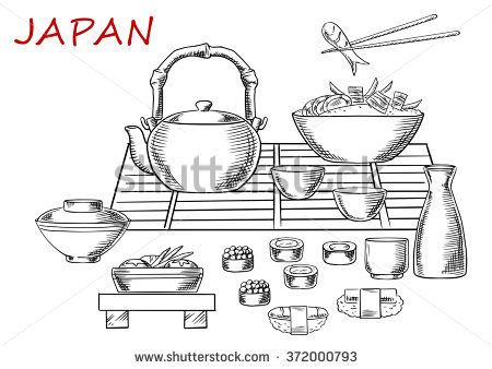 450x338 Japanese Seafood Sketch With Sashimi And Sushi Rolls Below A Table - Seafood Sketch