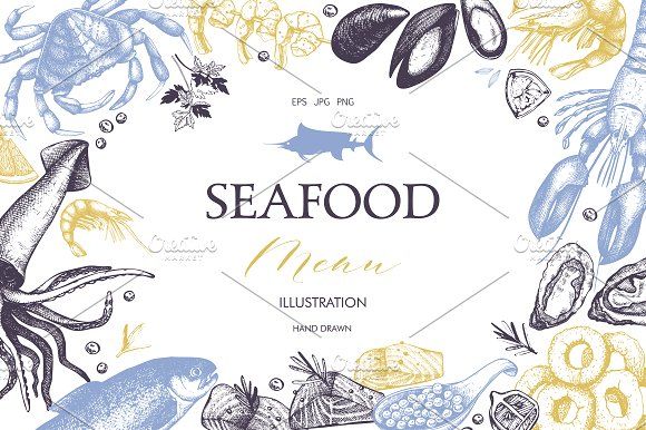 580x386 Vintage Seafood Sketch Collection Template And Vintage - Seafood Sketch