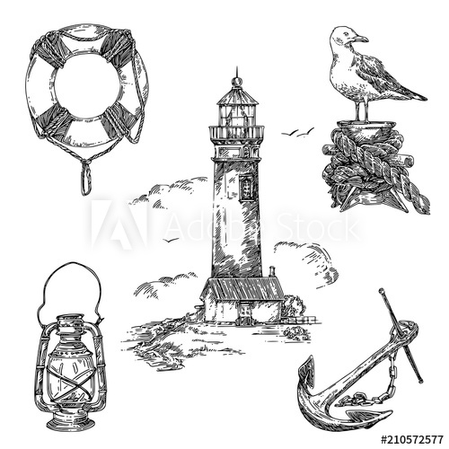 500x500 Vintage Nautical Set. Lifebuoy, Old Lantern, Lighthause, Seagull - Seagull Sketch