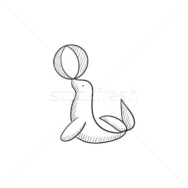 600x600 Trained Fur Seal Playing With Ball Sketch Icon. Vector - Seal Sketch