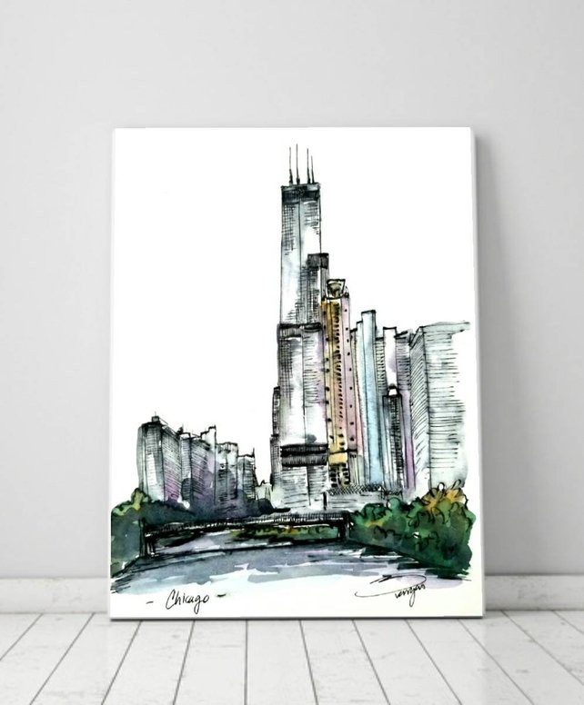 642x776 Print Skyline Chicago With Sears Willis Tower On The River. Etsy - Sears Tower Sketch