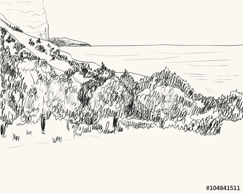 500x397 Vector Summer Seascape Sketch. Rocky Shore, Lapped By The Surf - Seascape Sketch