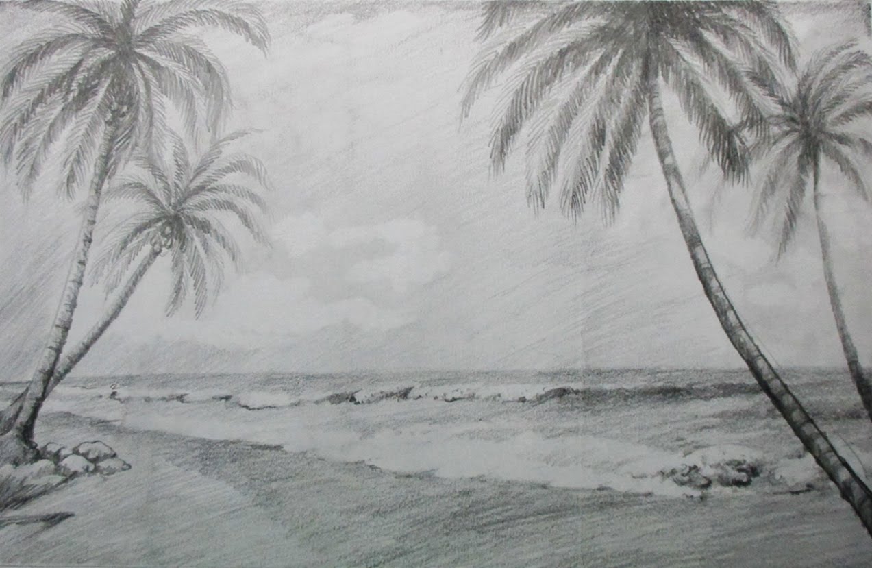 1273x829 How To Draw A Beach Landscape With Pencil - Seashore Sketches