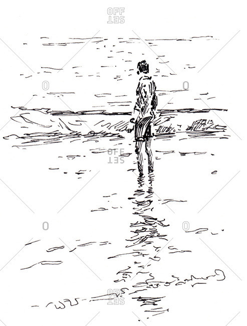 493x650 Sketch Of A Man Standing In Water On A Seashore Stock Photo - Seashore Sketches