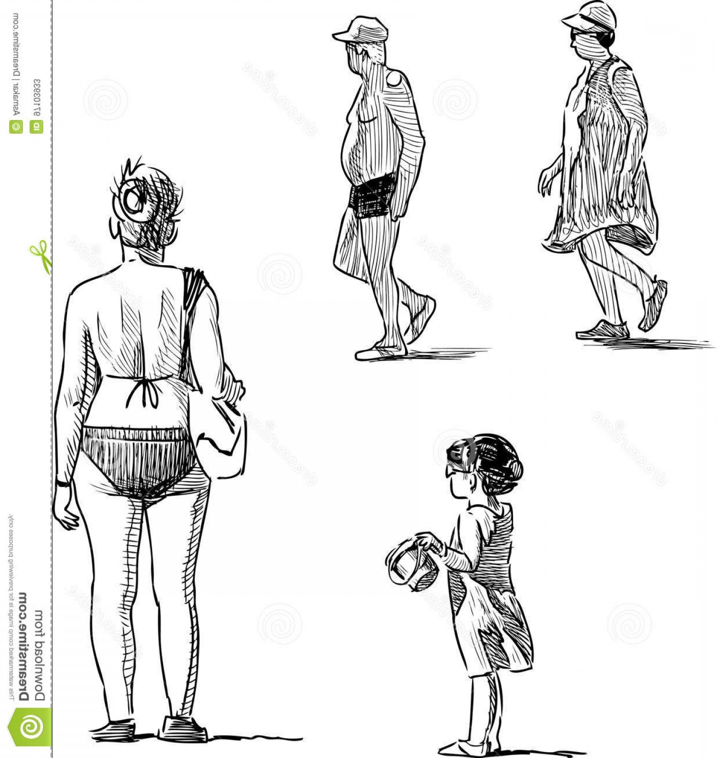 1476x1560 Stock Illustration Sketches Different People Beach Vector Drawings - Seashore Sketches