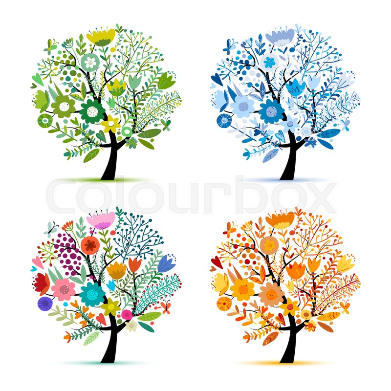 800x800 Four Seasons, Floral Colorful Tree. Sketch For Your Design. Vector - Seasons Sketch