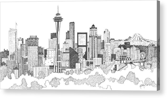 634x375 Seattle Skyline Ink Drawing Acrylic Print By Marilyn Smith - Seattle Skyline Sketch