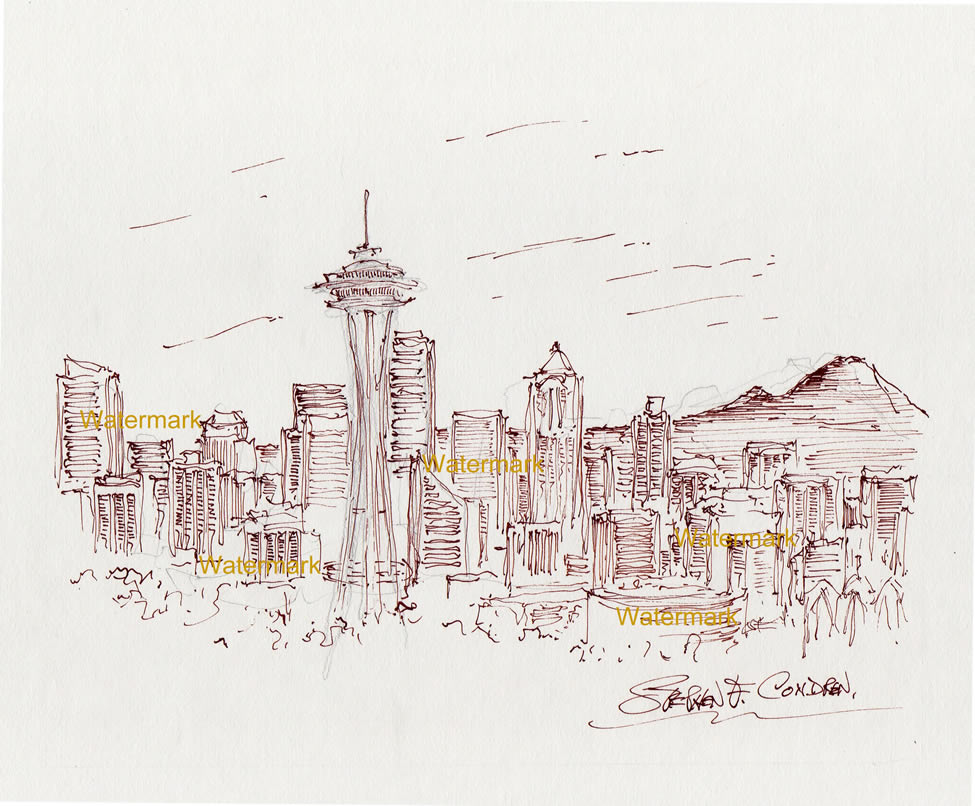975x806 Seattle Skyline Pen Amp Ink Drawing With Space Needle For Sale ~ 873 - Seattle Skyline Sketch