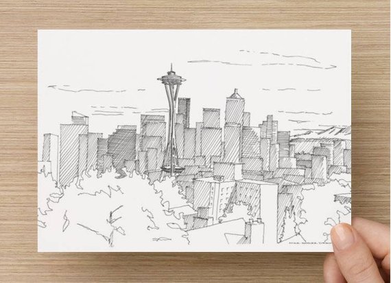 570x412 Ink Sketch Of Seattle Skyline From Kerry Park Washington Etsy - Seattle Skyline Sketch