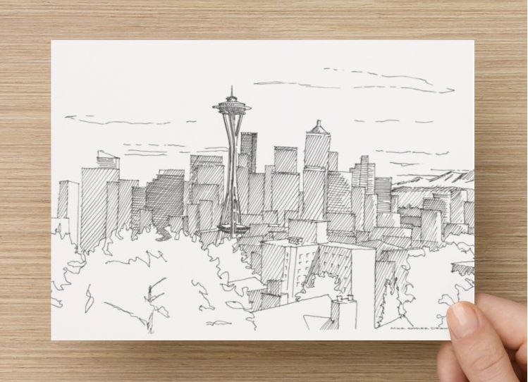 749x542 Ink Sketch Of Seattle Skyline From Kerry Park - Seattle Space Needle Sketch