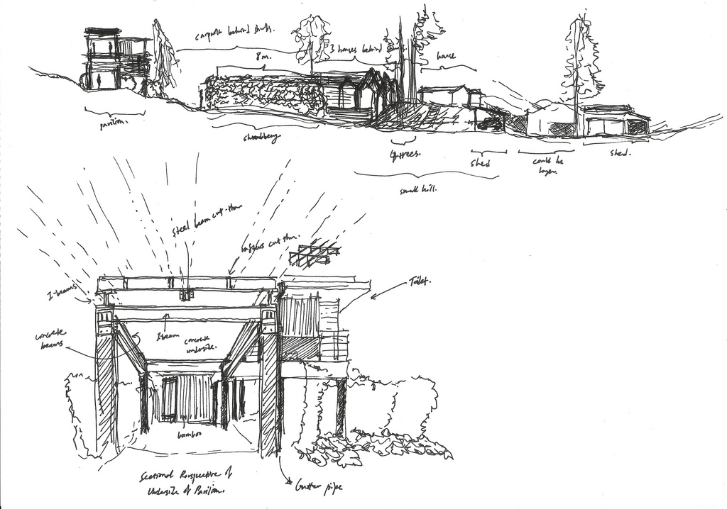 1024x718 Site Section Sketch + Sectional Perspective Of Tea Centre - Section Sketch