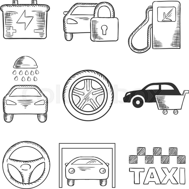 800x797 Sketched Car Service Icons Of A Fuel Pump, Security, Battery, Car - Security Sketch