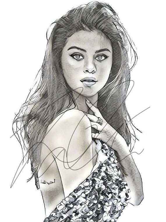 570x762 Selena Gomez Drawing Sketch Print Wall Art Illustration Selena - Selena Gomez Sketch