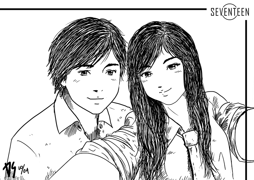 850x601 Seventeen Doodle Sketch Drawing Boy Girl Selfie Couple Simpleline - Selfie Sketch