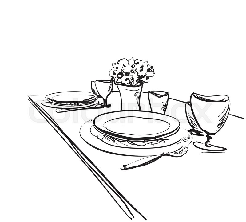 800x723 Table Setting Set. Weekend Breakfast Or Dinner Sketch. Stock - Setting Sketch