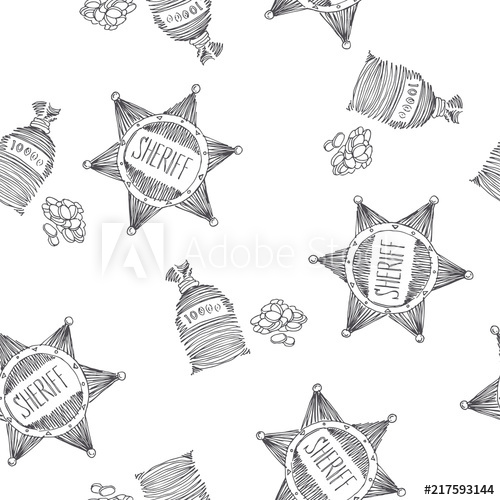 500x500 Vector Seamless Pattern With Sheriff Star And Pocket Of Coins - Sheriff Sketch