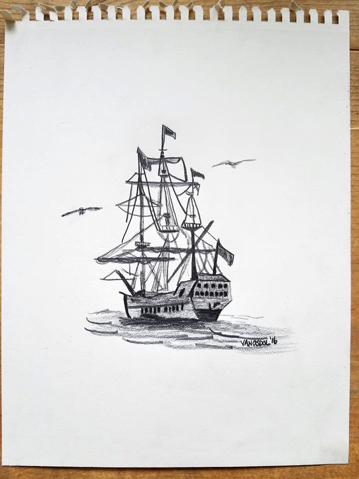 720x960 Original Graphite Schooner Sailboat Sailing Pirate Ship Sketch - Ship Sketch