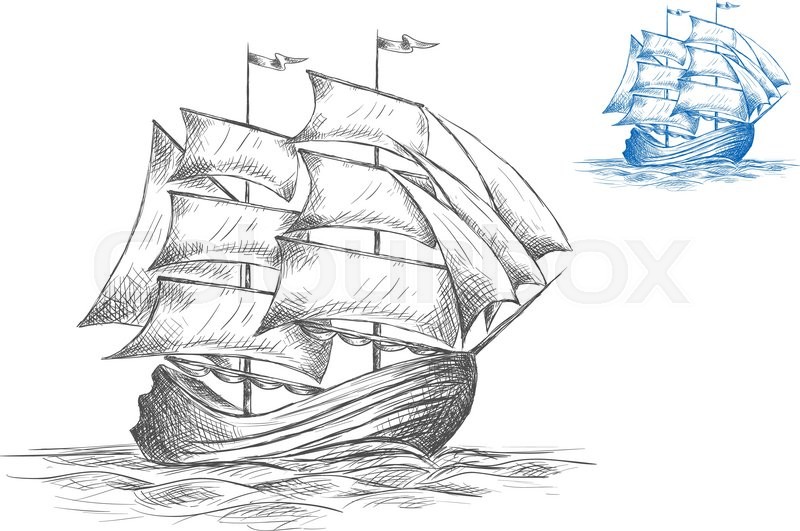 800x531 Old Wooden Sailing Ship Under Full Sail On The Sea In Two Color - Ship Sketch Images