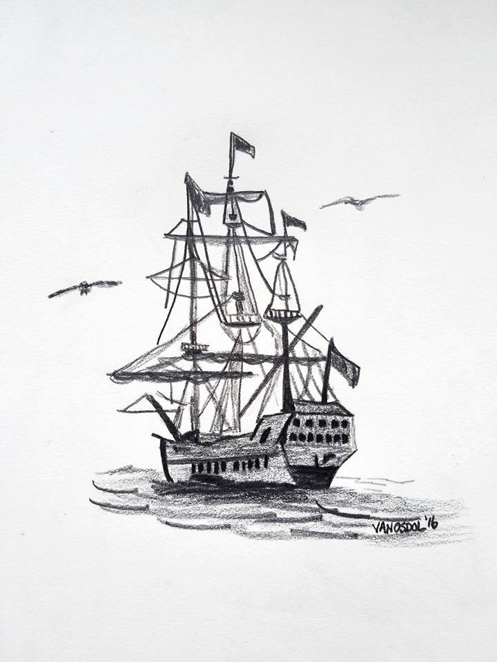 720x960 Pirate Ship Sketch Original Graphite Schooner Sailboat Sailing - Ship Sketch Images