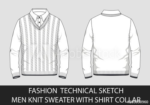 500x352 Fashion Technical Sketch Men Knit Sweater With Shirt Collar In - Shirt Collar Sketch