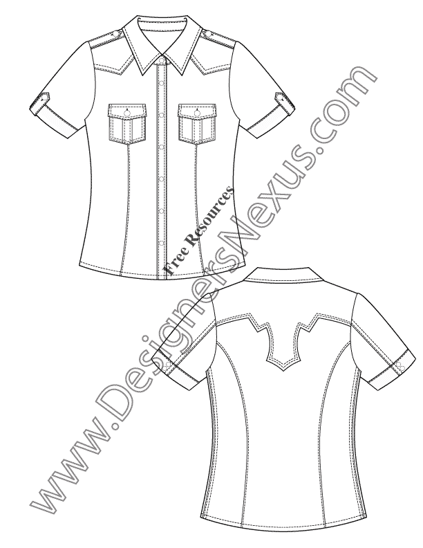 612x792 V50 Short Sleeve Western Shirt Flat Fashion Sketch Template - Shirt Sketch Template