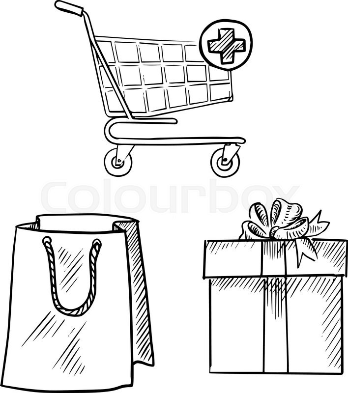 708x800 Shopping Cart With Add Button, Paper Shopping Bag And Gift Box - Shopping Bag Sketch