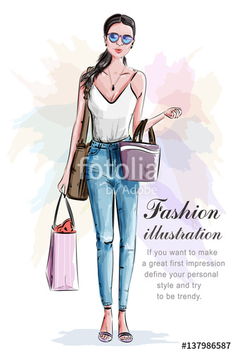 334x500 Stylish Beautiful Woman With Shopping Bags. Sketch. Hand Drawn - Shopping Bag Sketch