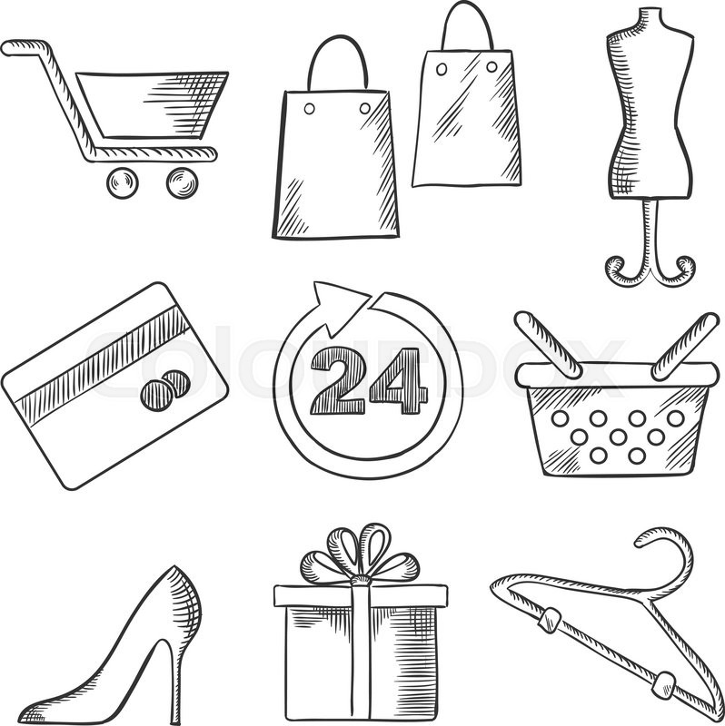 798x800 Business, Retail And Shopping Sketched Icons Of Shopping Cart - Shopping Bag Sketch