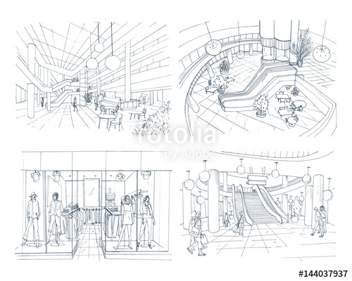 500x400 Set Of Modern Interior Shopping Center. Collection Various Space - Shopping Mall Sketch