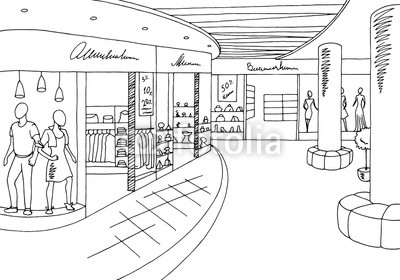 400x280 Shopping Mall Graphic Black White Interior Sketch Illustration - Shopping Mall Sketch