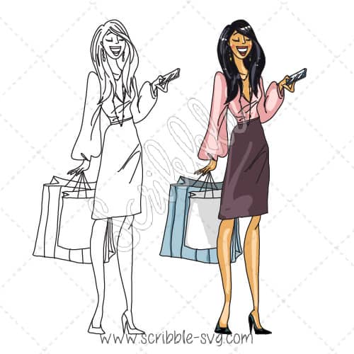 500x500 Happy Woman With Phone Amp Shopping Bags - Shopping Sketch