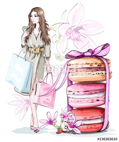417x500 Beautiful Sketch Set Fashion Woman With Shopping Bags, Sweet Cute - Shopping Sketch